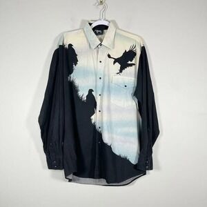 Vintage Roper Western Shirt Mens Lg Black Blue Pearl Snap Eagles Mountains USA